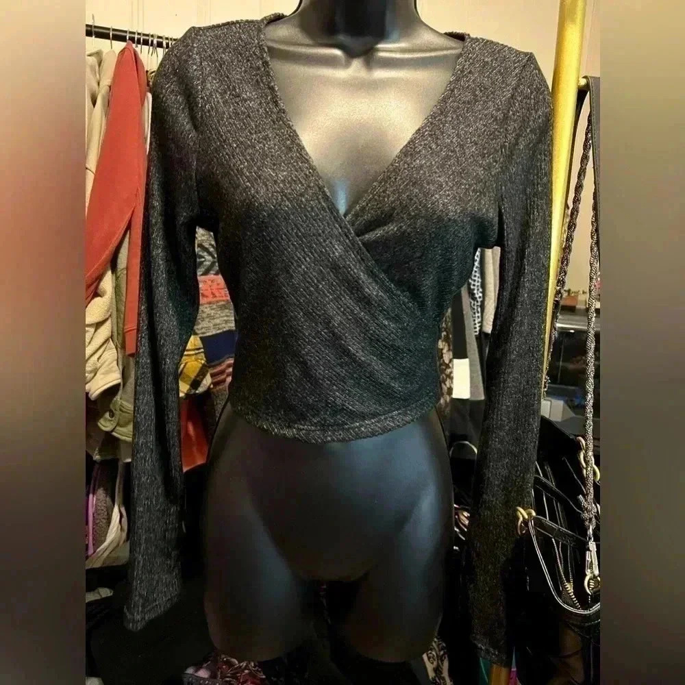 Blue Blush Wrap/Tie Ribbed Sweater – Open Back, Long Sleeve, Gray (Size M)